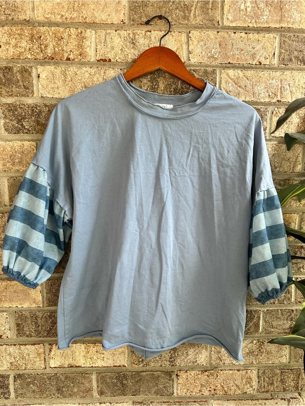 Light Blue cotton raw bottom Top with balloon Striped Sleeves